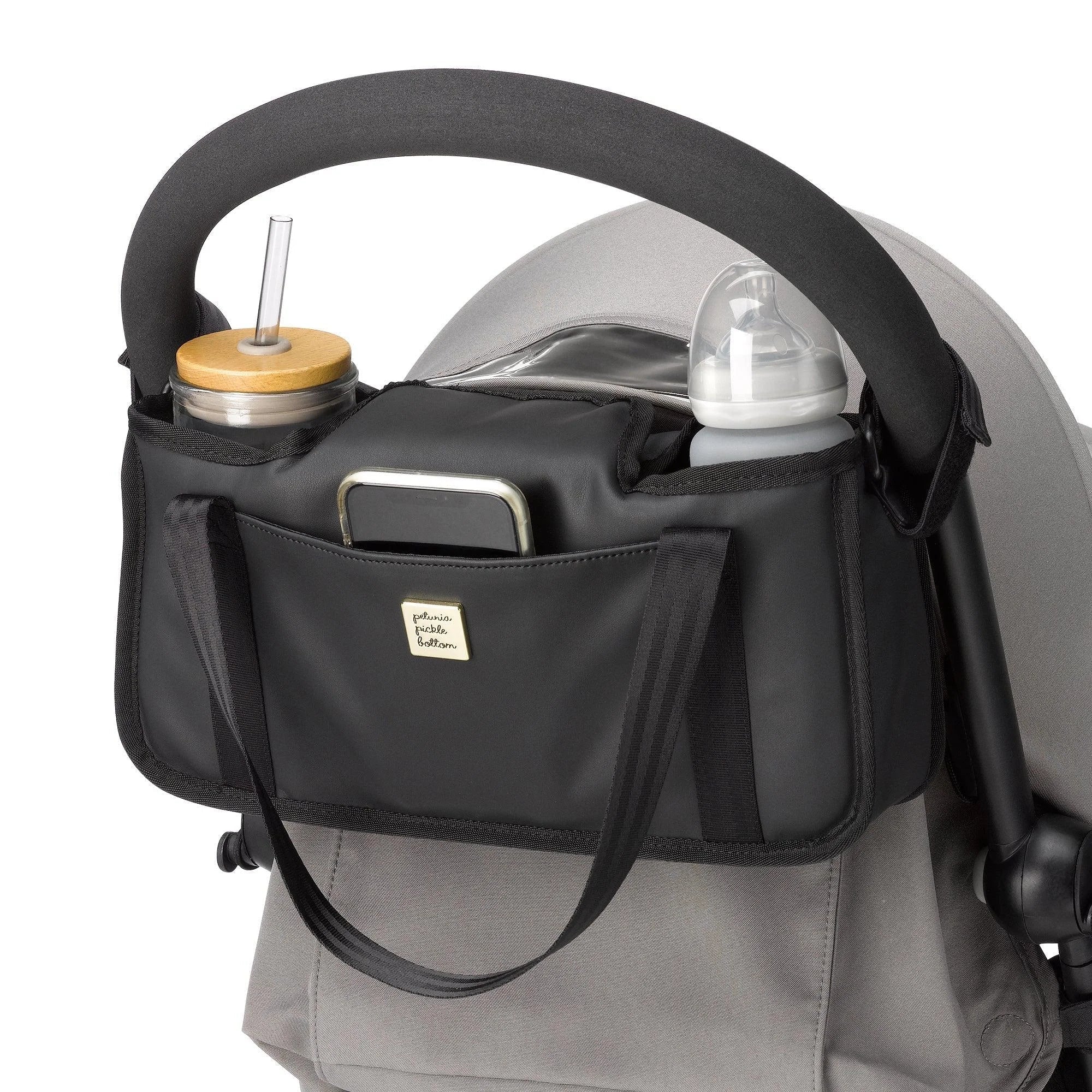 Boxy Backpack in Black Matte Leatherette, Wander Stroller Caddy & Stroller Clips Bundle - Image 3
